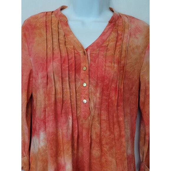 New Directions Blouse Womens S Coral Abstract Pleated Roll Tab Sleeve Asymmetric - Picture 9 of 9